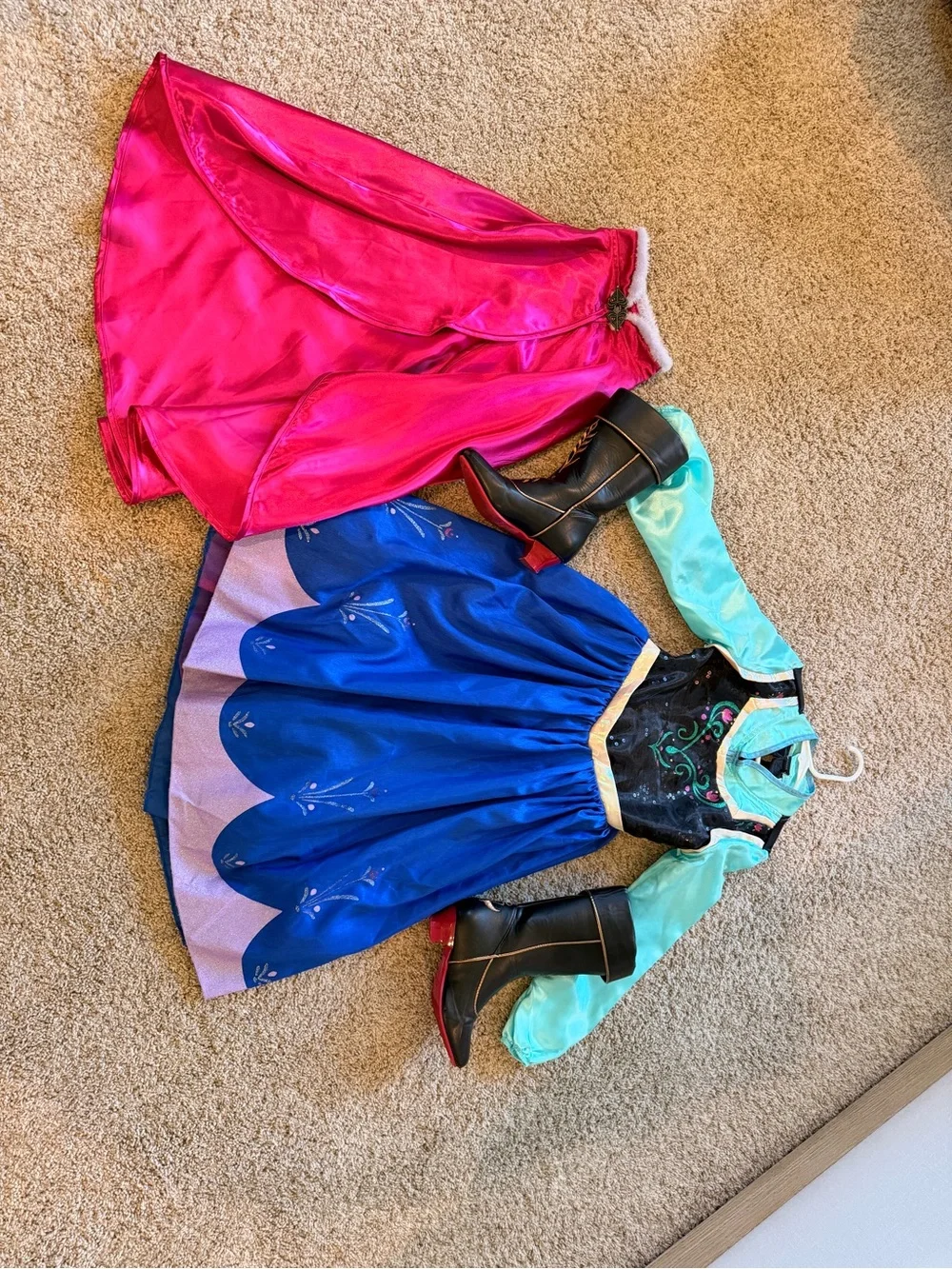Disney Anna-Inspired Blue Dress with Pink Cape and Black Boots - Picture 2 of 4
